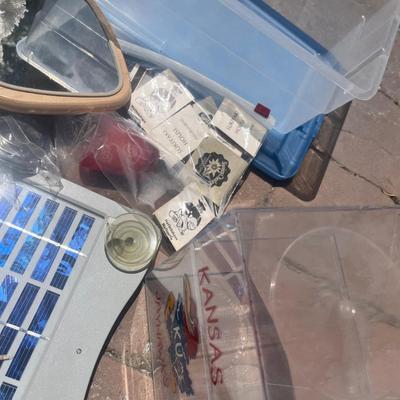 Tub of office supplies