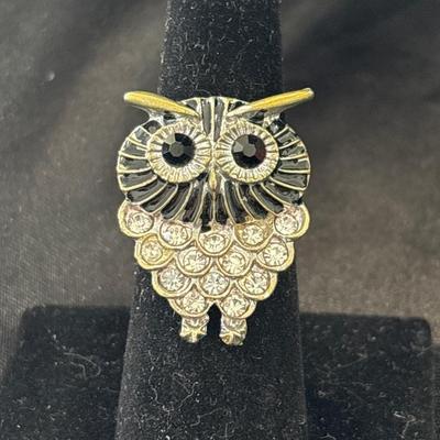Rhinestone owl adjustable ring