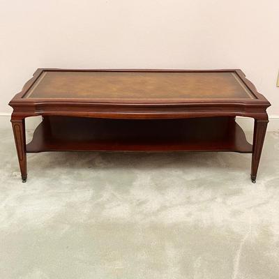 Mahogany Leather Top Coffee Table With Metal Casters ~ *Read Details