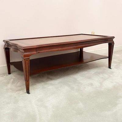 Mahogany Leather Top Coffee Table With Metal Casters ~ *Read Details