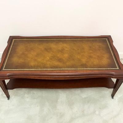Mahogany Leather Top Coffee Table With Metal Casters ~ *Read Details