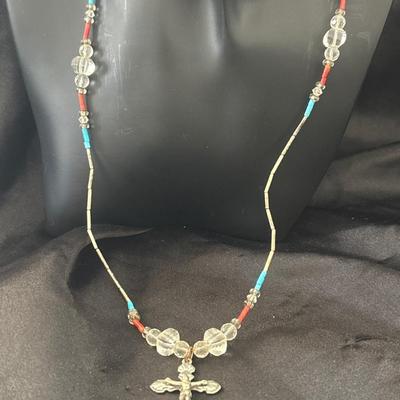 Silver tone blue and red with clear beaded necklace