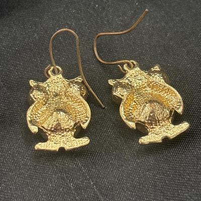 Gold tone owl with red gem earrings