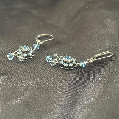 Silver tone blue rhinestone earrings