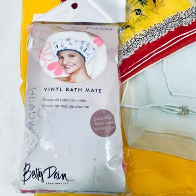 3 Sheer Scarves of various sizes and 1 Shower cap new in package