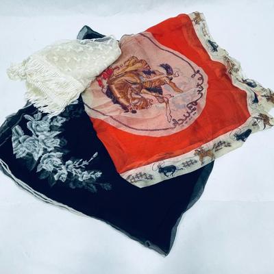 3 Vintage / Antique Scarves - Cowboy themed, "B" with Roses and Cream Colored Lacy Triangle