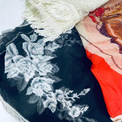 3 Vintage / Antique Scarves - Cowboy themed, "B" with Roses and Cream Colored Lacy Triangle