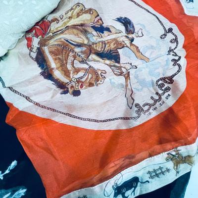 3 Vintage / Antique Scarves - Cowboy themed, "B" with Roses and Cream Colored Lacy Triangle