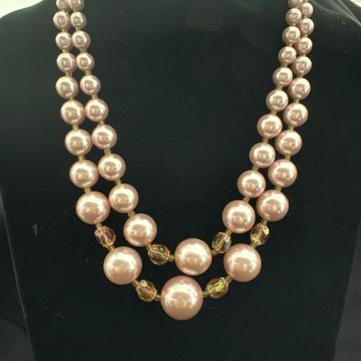 Vintage Japan, two strand champagne, pink beaded necklace