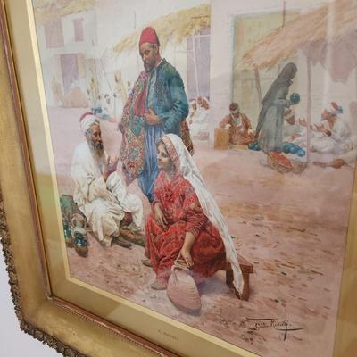 Signed Giulio Rosati 1858-1917 The Market Place Watercolor Gouache & Pencil on Paper
