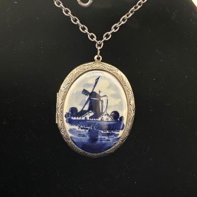 Vintage blue and white Holland, windmill, silver tone, locket necklace, super long, silver tone chain