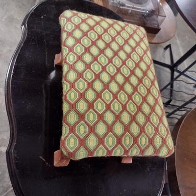 Wooden Footstool with Geometric Design Needlework Embroidered Top