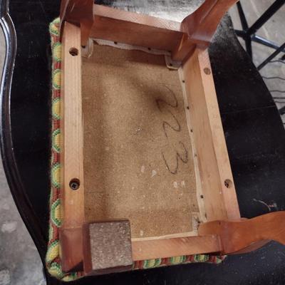 Wooden Footstool with Geometric Design Needlework Embroidered Top