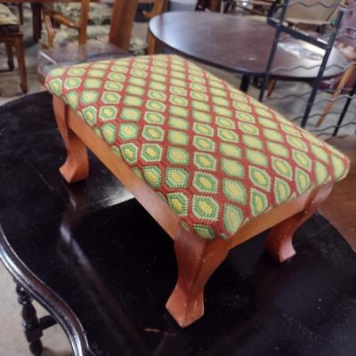 Wooden Footstool with Geometric Design Needlework Embroidered Top