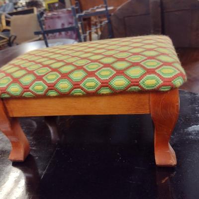 Wooden Footstool with Geometric Design Needlework Embroidered Top