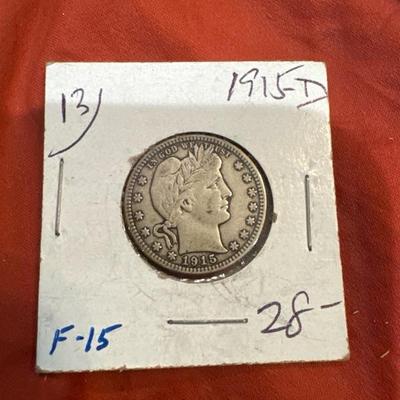 1915D BABER QUARTER U S .25c Silver F
