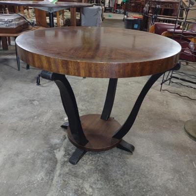Round, Art Deco Gueridon Side Table- Walnut and Black Lacquer Finish