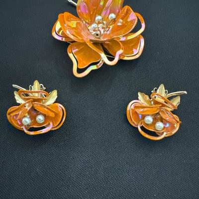 Vintage Pakula Orange Carnation flower brooch Earring set 1960s