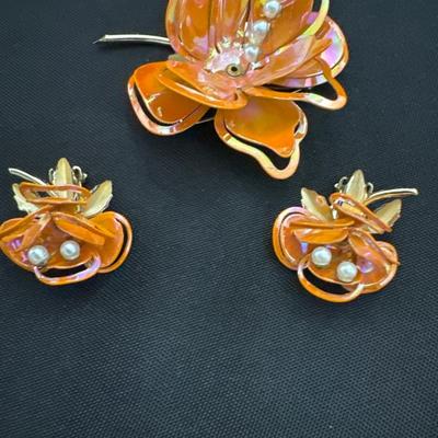 Vintage Pakula Orange Carnation flower brooch Earring set 1960s