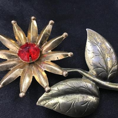 Vintage Rhinestone Flower Brooch, Flower Pin, Red Brooch, Vintage Costume Jewelry