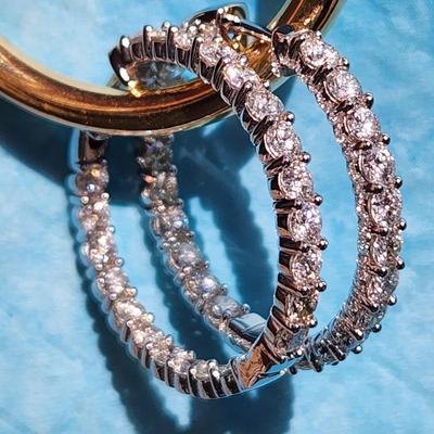 14Kt White Gold &Diamond Hoop Earrings 22 Diamonds each
