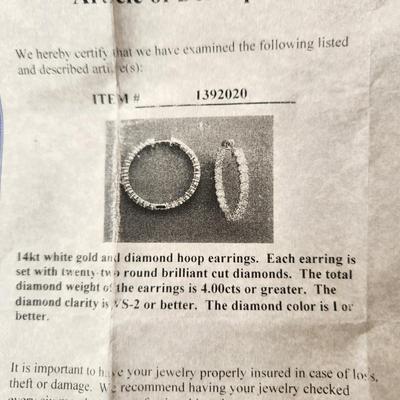 14Kt White Gold &Diamond Hoop Earrings 22 Diamonds each