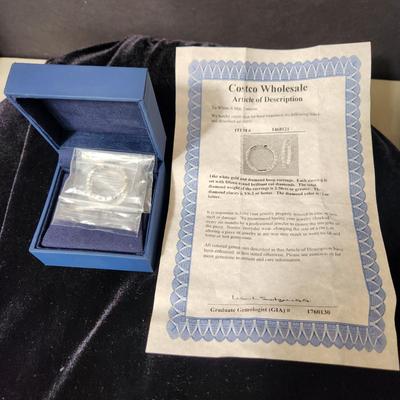 14Kt White Gold & Diamond Hoop Earrings 15 Diamonds each
