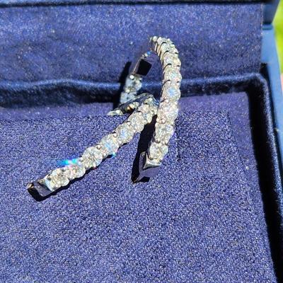 14Kt White Gold & Diamond Hoop Earrings 15 Diamonds each
