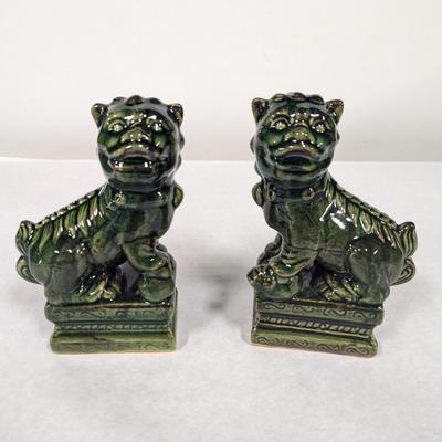 Chinese Porcelain Dark Green Foo Fu Guardian Dog Statues
