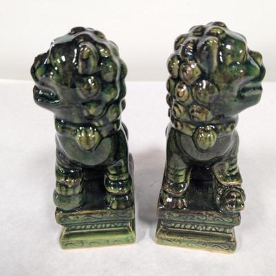 Chinese Porcelain Dark Green Foo Fu Guardian Dog Statues
