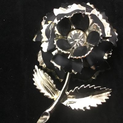 RHINESTONE FLOWER …Black Enamel and Silver Metal…Colorful Center Rhinestone