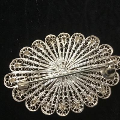 Vintage .925 Sterling Silver Mother Of Pearl Filigree Brooch Pin