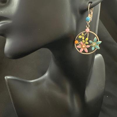 Silver, toned and Pink and blue enamel flower dangle earrings