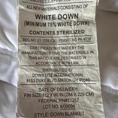 WHITE DOWN BLANKET 112" X 90"