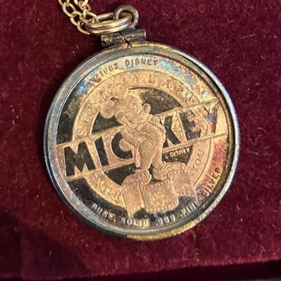1987 60 YEARS OF MICKEY MOUSE .999 SILVER COIN PENDANT with Necklace