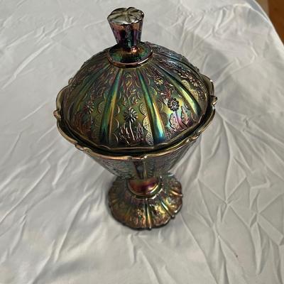 FENTON AMETHYST CARNIVAL GLASS PANELED COMPOTE/CANDY DISH