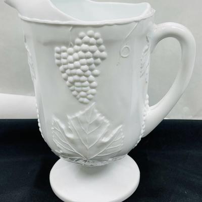 Large Milk Glass Beverage Pitcher Grape Motif