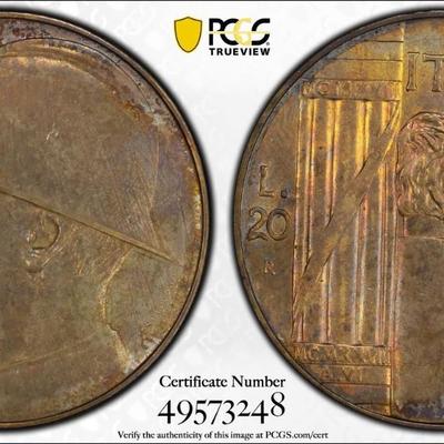 PCGS Certified Scarce Italy 1928-R UNCIRCULATED Detail/Cleaned KM-70 World War I 20-Lira as Pictured.