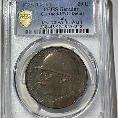 PCGS Certified Scarce Italy 1928-R UNCIRCULATED Detail/Cleaned KM-70 World War I 20-Lira as Pictured.