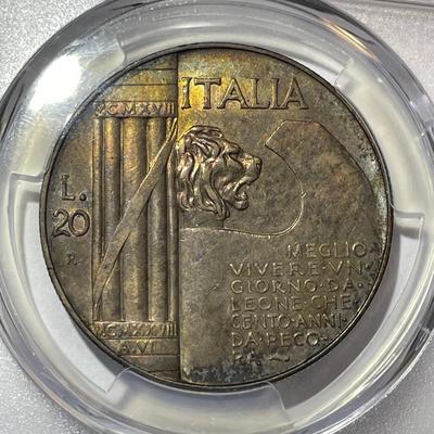 PCGS Certified Scarce Italy 1928-R UNCIRCULATED Detail/Cleaned KM-70 World War I 20-Lira as Pictured.