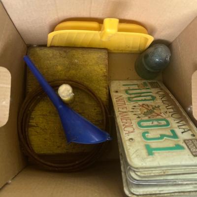 Box with License Plates, Green Glass Insulator, etc