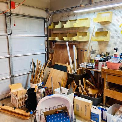 Lot 17: Wall of tools, wood & More