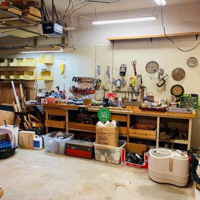 Lot 17: Wall of tools, wood & More