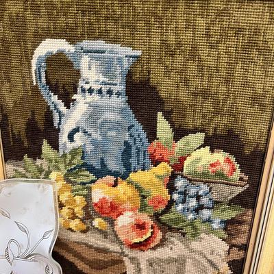3 handmade needlework paintings, vintage vanity