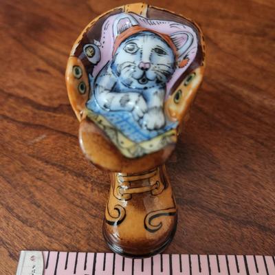 C.E. Limoges France Peint a al Main Cat in Boot trinket box