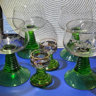 6-Vintage Roemer German Wine & Shot Glasses Stemmed Green Glass Ribbed Stem Goblets Barware as Pictured.