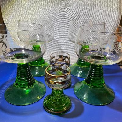 6-Vintage Roemer German Wine & Shot Glasses Stemmed Green Glass Ribbed Stem Goblets Barware as Pictured.