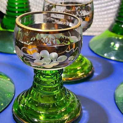 6-Vintage Roemer German Wine & Shot Glasses Stemmed Green Glass Ribbed Stem Goblets Barware as Pictured.