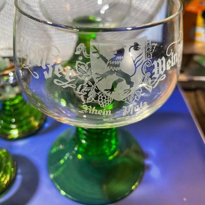 6-Vintage Roemer German Wine & Shot Glasses Stemmed Green Glass Ribbed Stem Goblets Barware as Pictured.