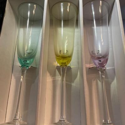 Vintage Never Used BLOCK Colored Champagne Flutes Set of 6 Hand Blown Crystal Stemware Glasses as Pictured.